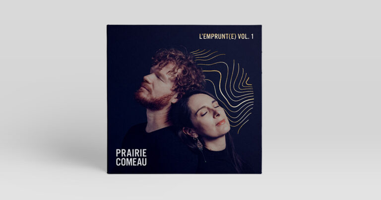 Album cover featuring a male and female artist with closed eyes against a black background, accompanied by white graphic lines and text displaying the album title "NOUVEAUTÉ" and artist names L'empr